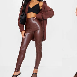 Pretty Little Thing Chocolate Faux Leather Leggings Ankle Slit Long Size 10